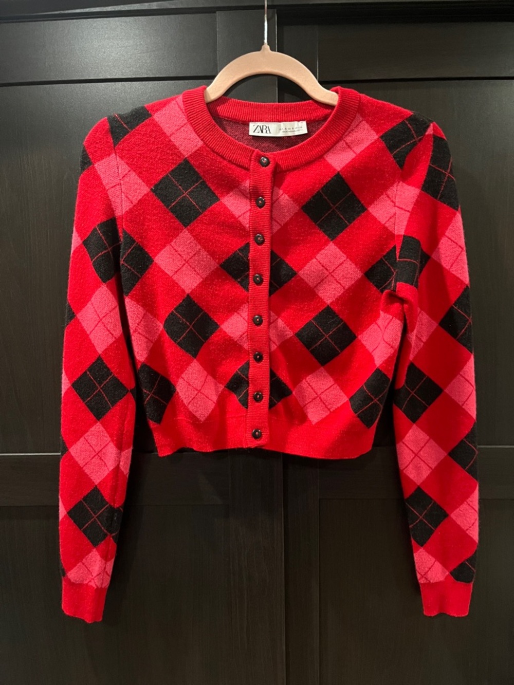 ZARA Red and Pink Argyle Button Cardigan